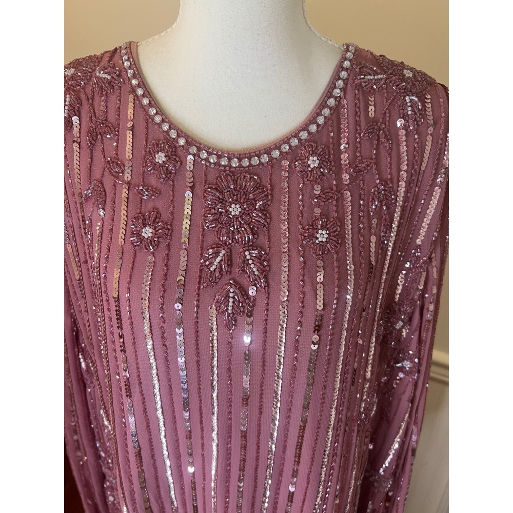 Mac Duggal 93627 Rose Pink Beaded Sequin Long Sleeve Tea‎ Length Dress Womens 24 - Picture 6 of 13